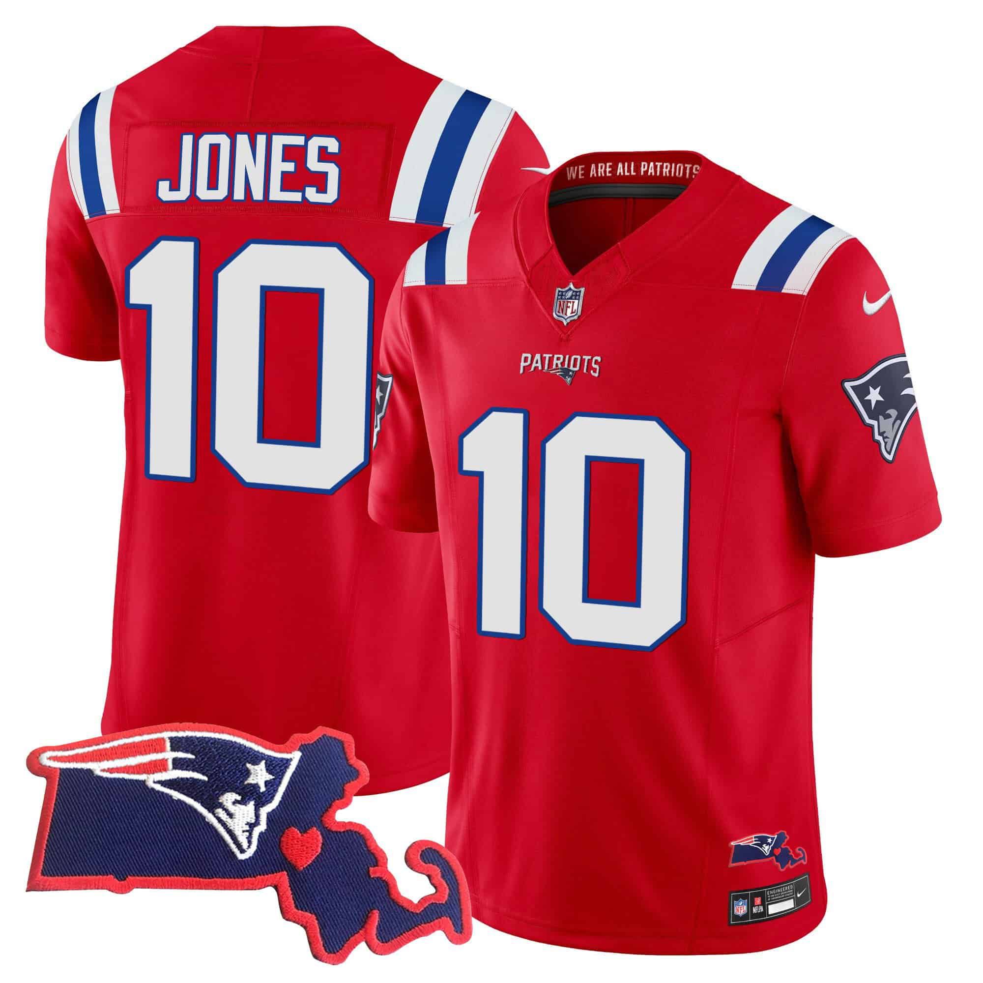 Men New England Patriots 10 Jones Red 2024 Nike Patch Vapor Limited NFL Jersey